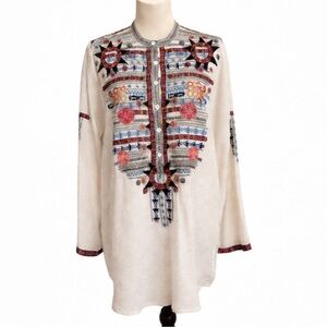 Johnny Was Silk Embroidered Tunic Top Boho Floral Long Sleeve Cream NWT Medium